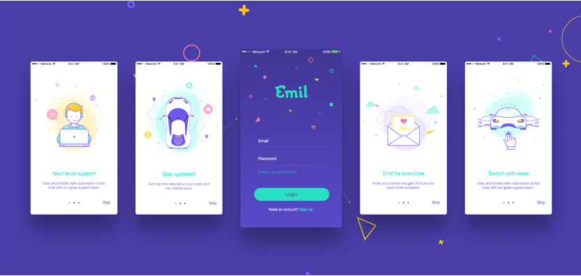 Five screens from the Emil app